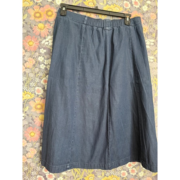ORVIS Women Navy Blue Denim Tencel Cotton Midi Skirt Size 12 Elastic Waist - Picture 6 of 8